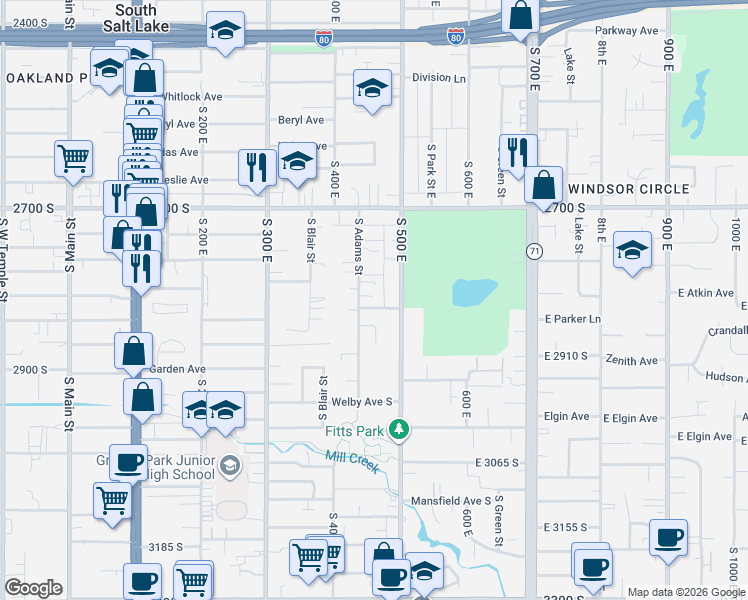 map of restaurants, bars, coffee shops, grocery stores, and more near 2816 500 East in South Salt Lake