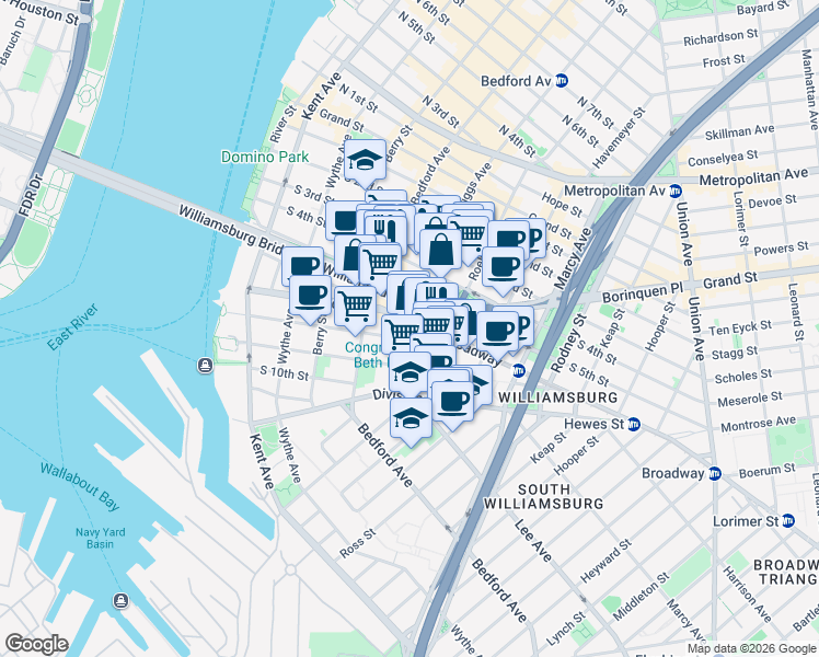 map of restaurants, bars, coffee shops, grocery stores, and more near 185 Broadway in Brooklyn