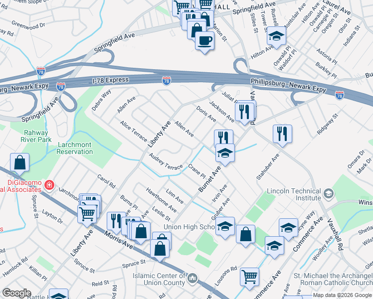 map of restaurants, bars, coffee shops, grocery stores, and more near 2575 Hamilton Terrace in Union