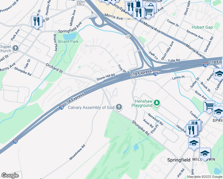 map of restaurants, bars, coffee shops, grocery stores, and more near 300 Wilson Road in Springfield