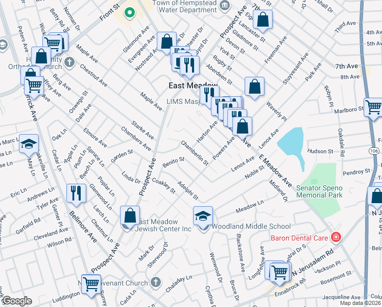map of restaurants, bars, coffee shops, grocery stores, and more near 516 Hull Street in East Meadow