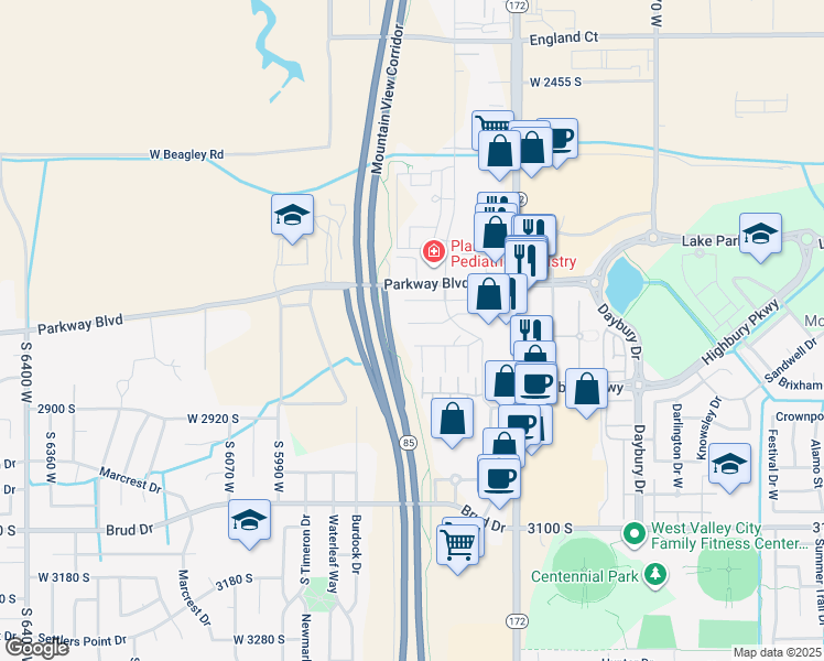 map of restaurants, bars, coffee shops, grocery stores, and more near 5767 Kintail Court in West Valley City