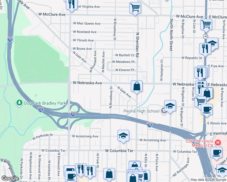 map of restaurants, bars, coffee shops, grocery stores, and more near 1806 North Broadway Street in Peoria