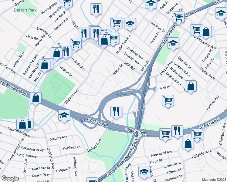 map of restaurants, bars, coffee shops, grocery stores, and more near 407 Orchard Meadows Drive South in Union