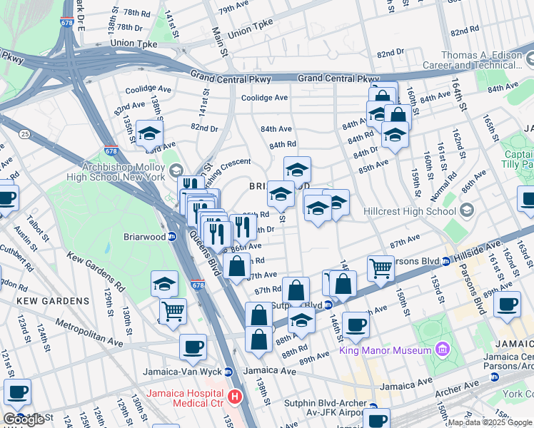 map of restaurants, bars, coffee shops, grocery stores, and more near 141-55 85th Road in Queens