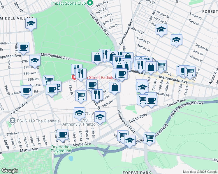 map of restaurants, bars, coffee shops, grocery stores, and more near 89-37 74th Avenue in Queens