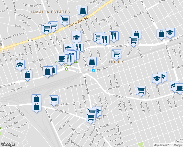 map of restaurants, bars, coffee shops, grocery stores, and more near 192 99th Avenue in Queens