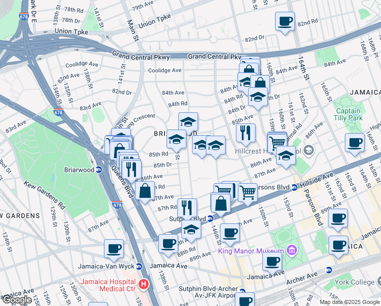map of restaurants, bars, coffee shops, grocery stores, and more near 85-05 144th Street in Queens