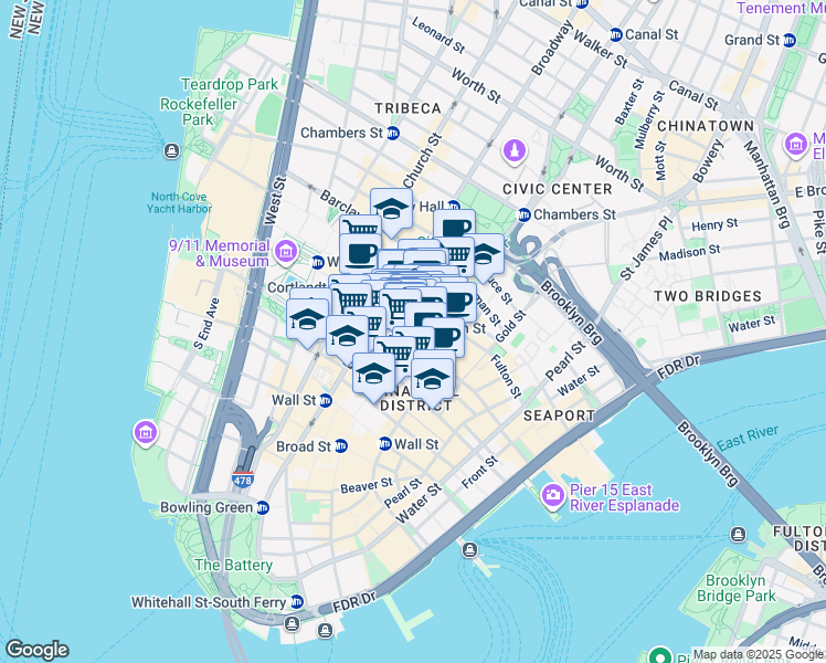 map of restaurants, bars, coffee shops, grocery stores, and more near 71 Nassau Street in New York