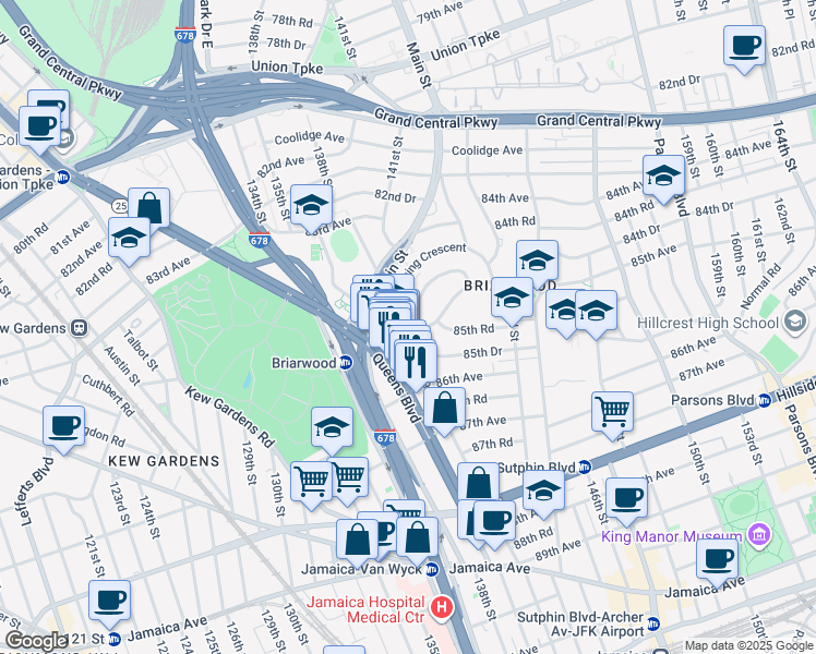 map of restaurants, bars, coffee shops, grocery stores, and more near 139-9 84th Drive in Queens