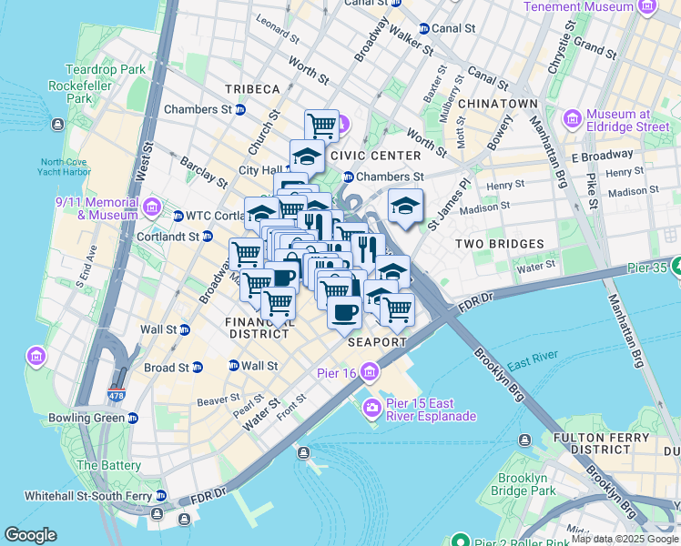 map of restaurants, bars, coffee shops, grocery stores, and more near 90 Gold Street in New York