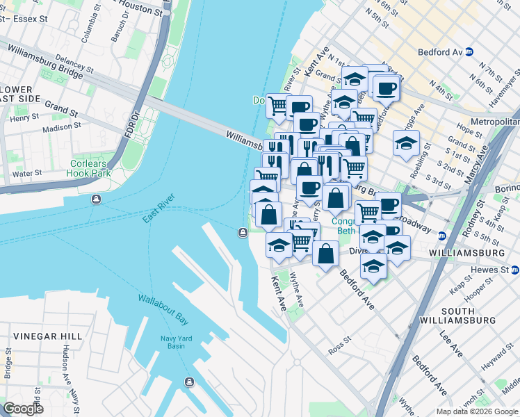 map of restaurants, bars, coffee shops, grocery stores, and more near 420 Kent Avenue in Brooklyn