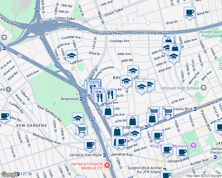 map of restaurants, bars, coffee shops, grocery stores, and more near 141-19 85th Road in Queens