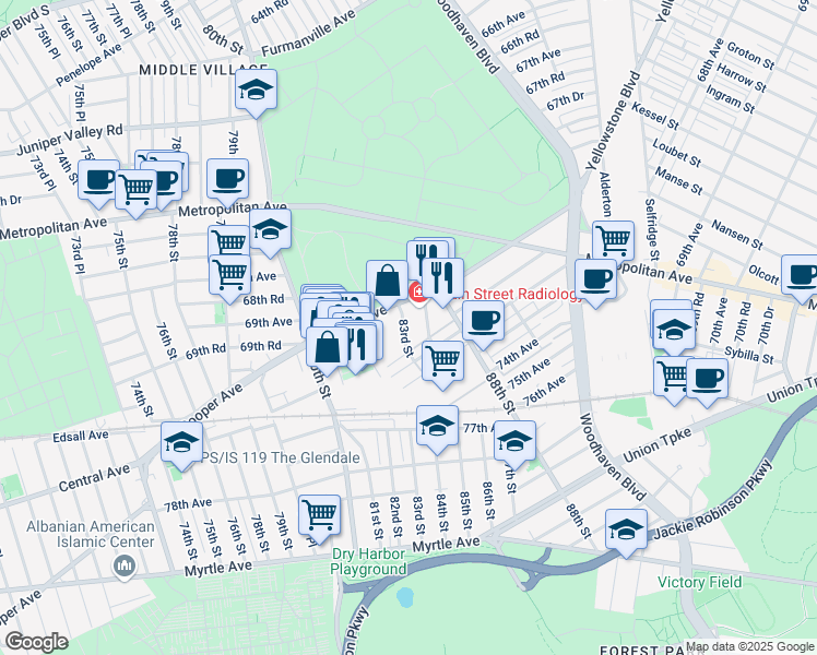 map of restaurants, bars, coffee shops, grocery stores, and more near 70-17 83rd Street in Queens