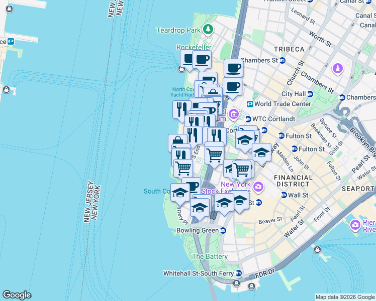 map of restaurants, bars, coffee shops, grocery stores, and more near 377 Rector Place in New York