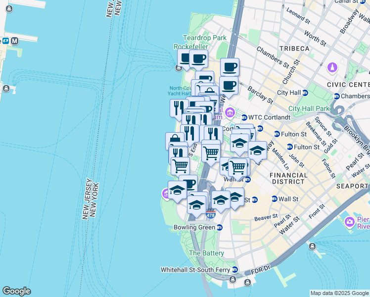 map of restaurants, bars, coffee shops, grocery stores, and more near 377 Rector Place in New York