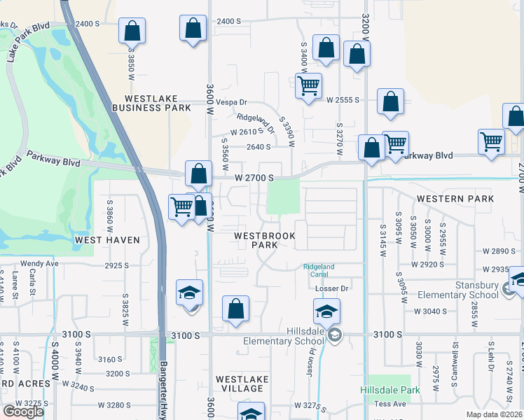 map of restaurants, bars, coffee shops, grocery stores, and more near 2777 Centerbrook Drive in West Valley City