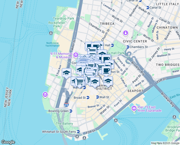 map of restaurants, bars, coffee shops, grocery stores, and more near 1 Liberty Street in New York