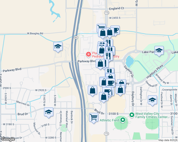 map of restaurants, bars, coffee shops, grocery stores, and more near 2757 Glen Eagle Drive in West Valley City