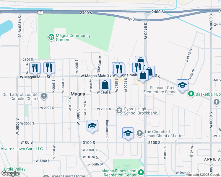 map of restaurants, bars, coffee shops, grocery stores, and more near 2750 South 8560 West in Magna