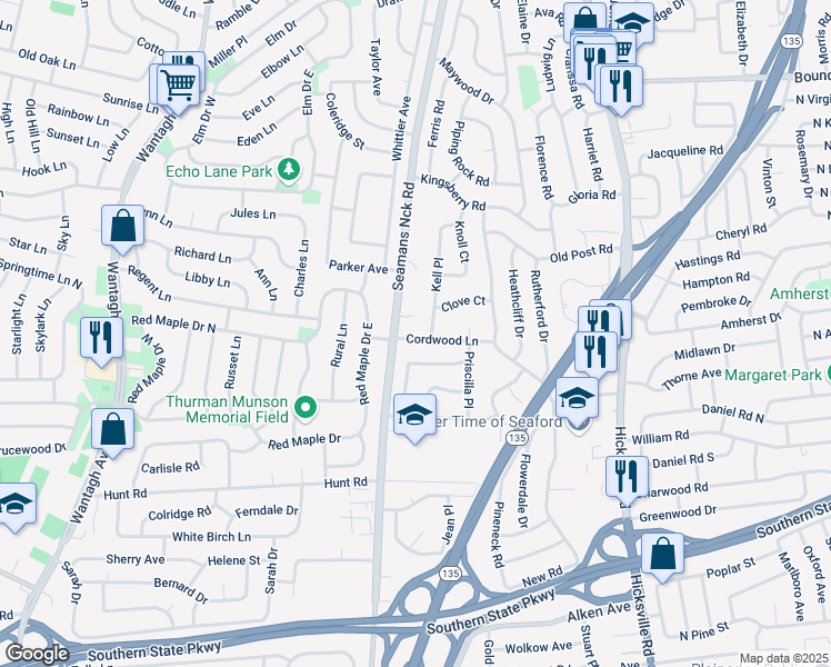 map of restaurants, bars, coffee shops, grocery stores, and more near 3816 Saries Court in Seaford