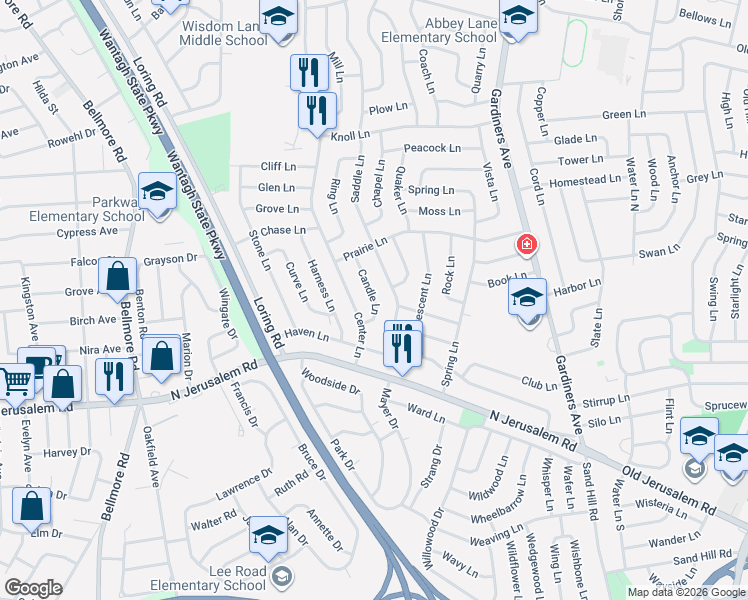 map of restaurants, bars, coffee shops, grocery stores, and more near 279 Center Lane in Levittown