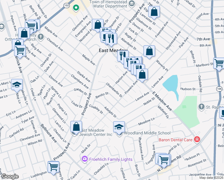 map of restaurants, bars, coffee shops, grocery stores, and more near 516 Hull Street in East Meadow