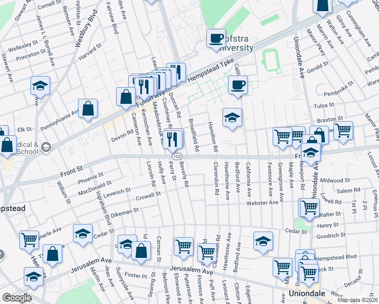 map of restaurants, bars, coffee shops, grocery stores, and more near 151 Duncan Road in Hempstead