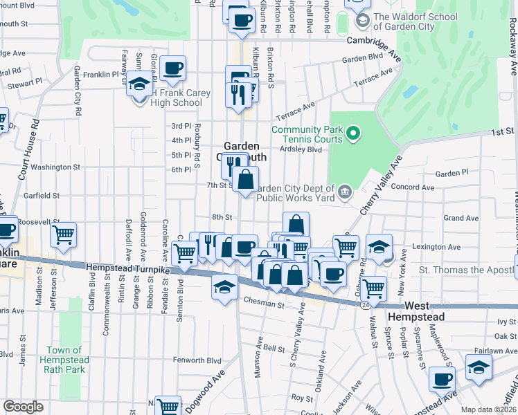 map of restaurants, bars, coffee shops, grocery stores, and more near 123 Kilburn Road South in West Hempstead