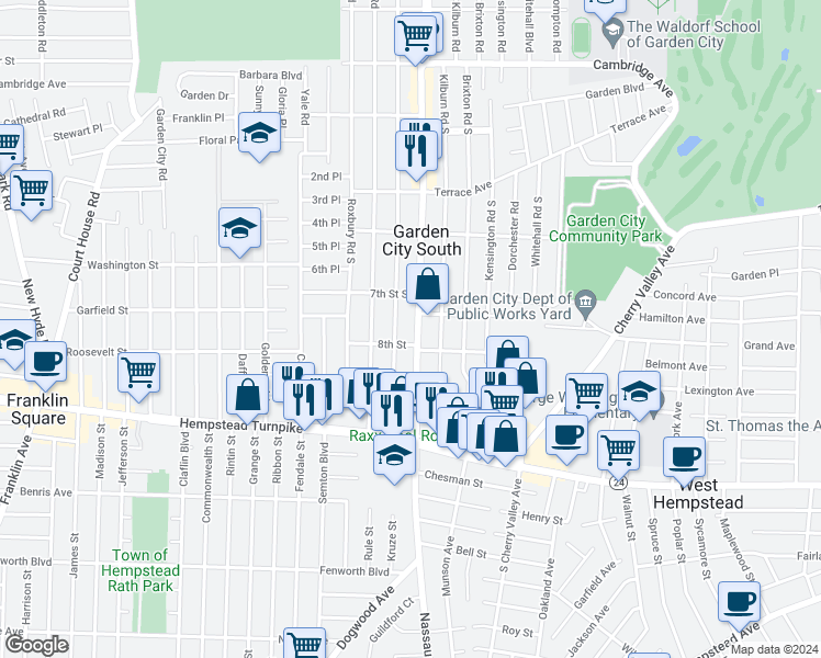 map of restaurants, bars, coffee shops, grocery stores, and more near 125 Euston Road South in West Hempstead