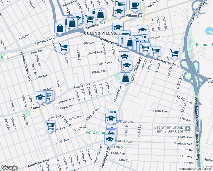 map of restaurants, bars, coffee shops, grocery stores, and more near 109-14 217th Street in Queens
