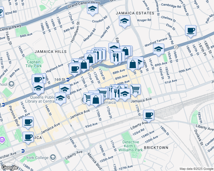 map of restaurants, bars, coffee shops, grocery stores, and more near 1732A 89th Avenue in Queens