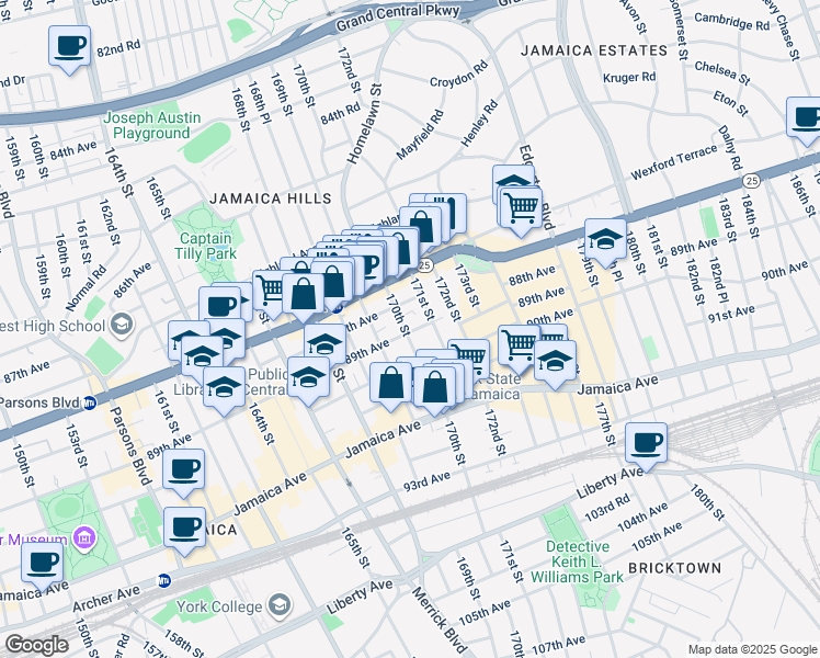 map of restaurants, bars, coffee shops, grocery stores, and more near 88-15 170th Street in Queens