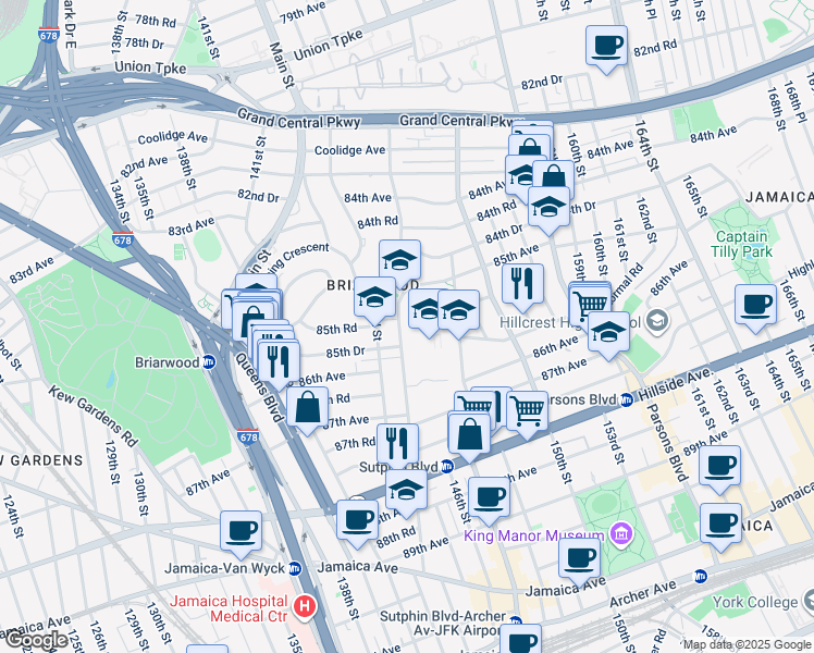 map of restaurants, bars, coffee shops, grocery stores, and more near 85-05 144th Street in Queens