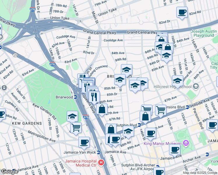 map of restaurants, bars, coffee shops, grocery stores, and more near 141-41 85th Road in Queens