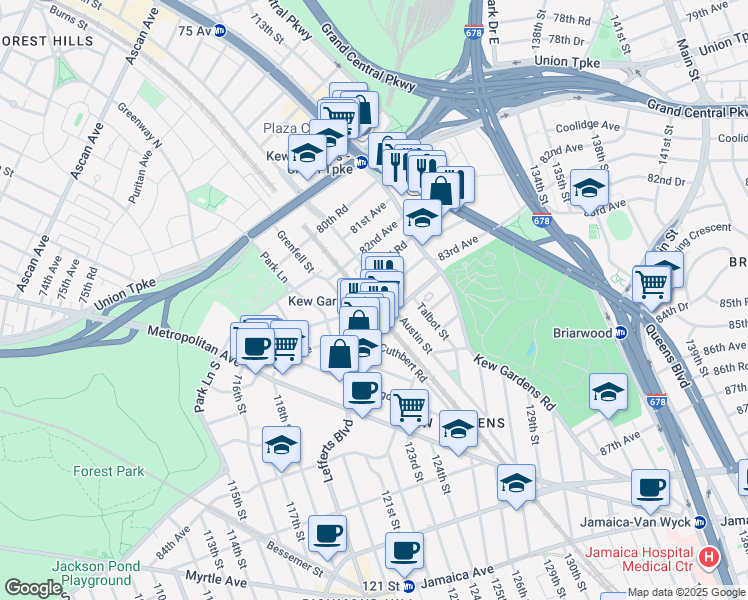 map of restaurants, bars, coffee shops, grocery stores, and more near in Queens