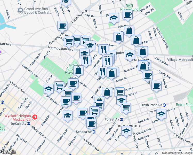 map of restaurants, bars, coffee shops, grocery stores, and more near in Queens