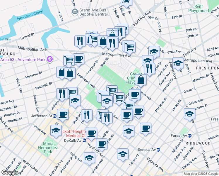 map of restaurants, bars, coffee shops, grocery stores, and more near 18-80 Suydam Street in Queens