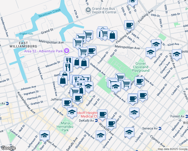 map of restaurants, bars, coffee shops, grocery stores, and more near in Queens