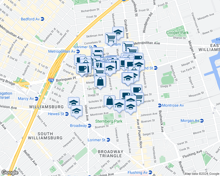 map of restaurants, bars, coffee shops, grocery stores, and more near in Brooklyn