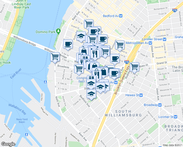 map of restaurants, bars, coffee shops, grocery stores, and more near 185 Broadway in Brooklyn