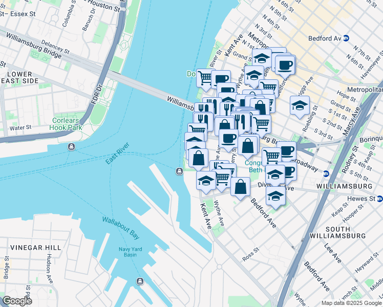 map of restaurants, bars, coffee shops, grocery stores, and more near 420 Kent Avenue in Brooklyn