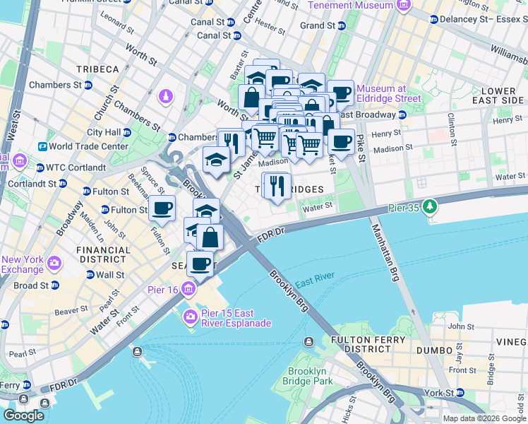 map of restaurants, bars, coffee shops, grocery stores, and more near 184 South Street in New York