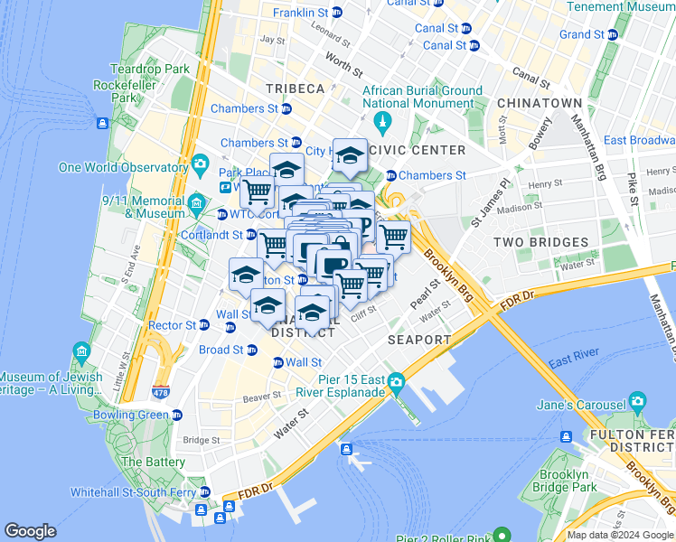 map of restaurants, bars, coffee shops, grocery stores, and more near 119 Fulton Street in New York