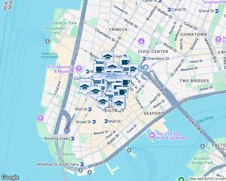 map of restaurants, bars, coffee shops, grocery stores, and more near 75 Nassau Street in New York