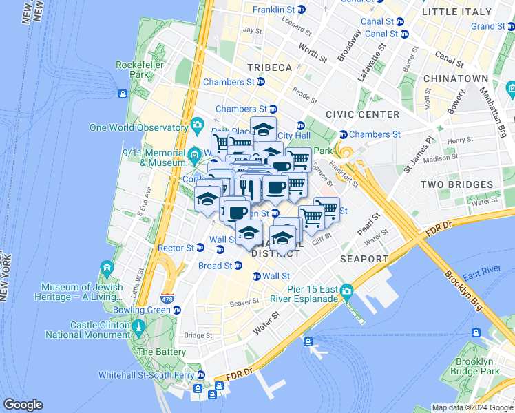 map of restaurants, bars, coffee shops, grocery stores, and more near in New York