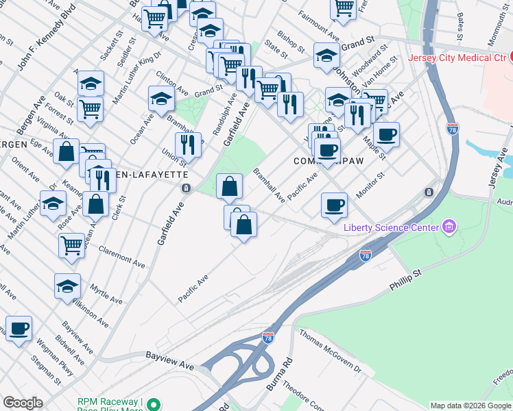 map of restaurants, bars, coffee shops, grocery stores, and more near 100 Van Horne Street in Jersey City