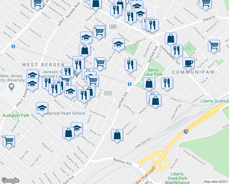 map of restaurants, bars, coffee shops, grocery stores, and more near 177 Randolph Avenue in Jersey City