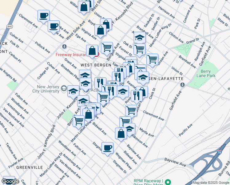 map of restaurants, bars, coffee shops, grocery stores, and more near 165 Claremont Avenue in Jersey City