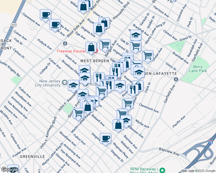 map of restaurants, bars, coffee shops, grocery stores, and more near 165 Claremont Avenue in Jersey City